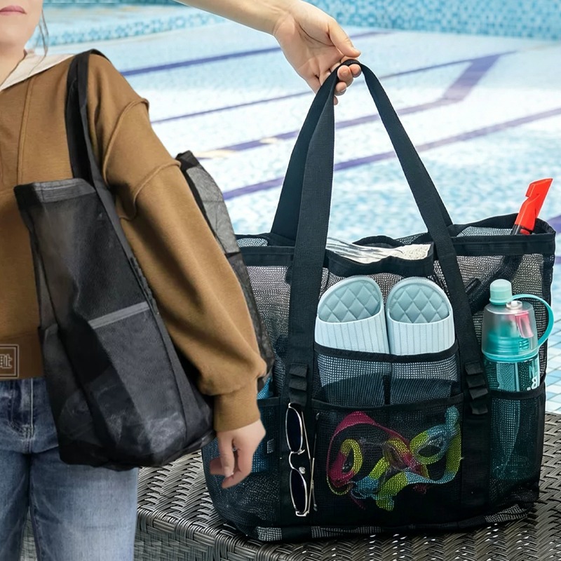 サマービーチバッグ 子供用 収納 水泳 海辺 ショルダーバッグ メッシュ付き シンプル 大容量 複数ポケット トートバッグ
