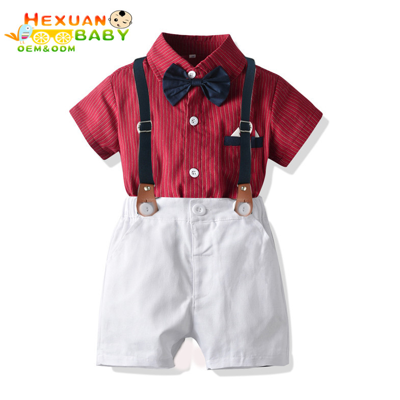 男の子紳士服セット夏のスーツ子供ストライプシャツ蝶ネクタイ + サスペンダーショーツフォーマル新生児男の子服セット