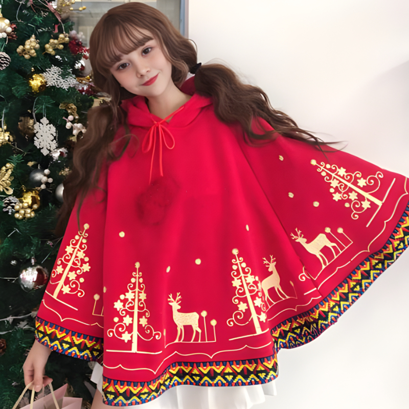 2024 新しいクリスマス服かわいい女の子フード付きマントクリスマスツリー鹿柄プラスベルベットケープロリータスタイルポンチョ