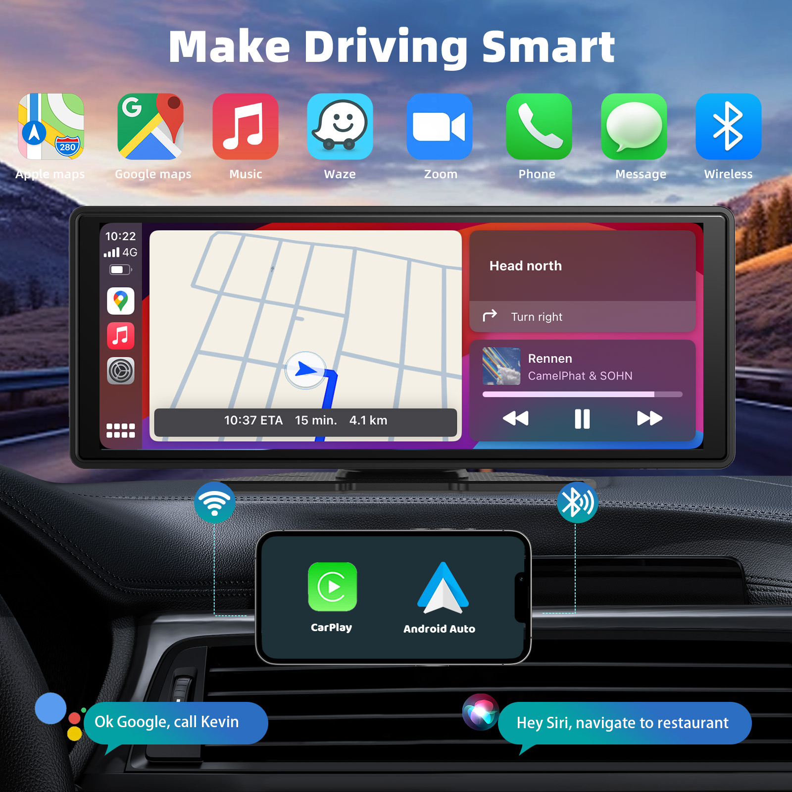 ユニバーサルポータブル Carplay 車用スクリーン、ワイヤレス Carplay スクリーン Carplay Android Auto 付きワイヤレスカーステレオ、車用タッチスクリーン