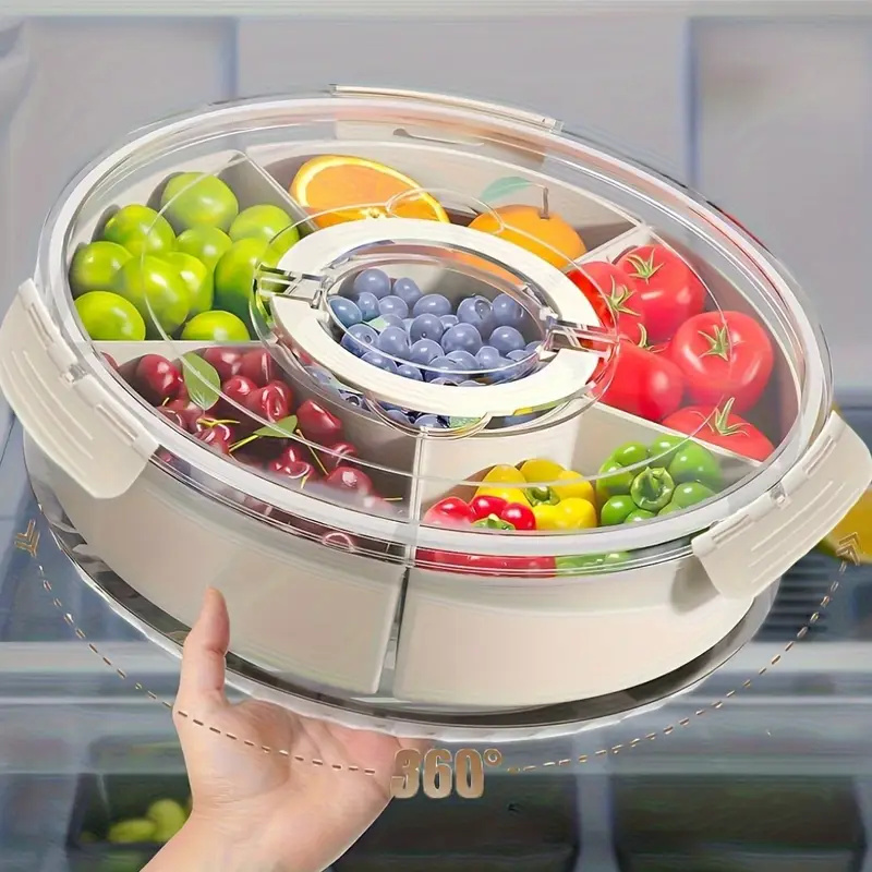 蓋とハンドル付き分割回転サービングトレイ、フルーツスナック野菜シャルキュトリー用ポータブルスナックボックス、クリアスナックスピン