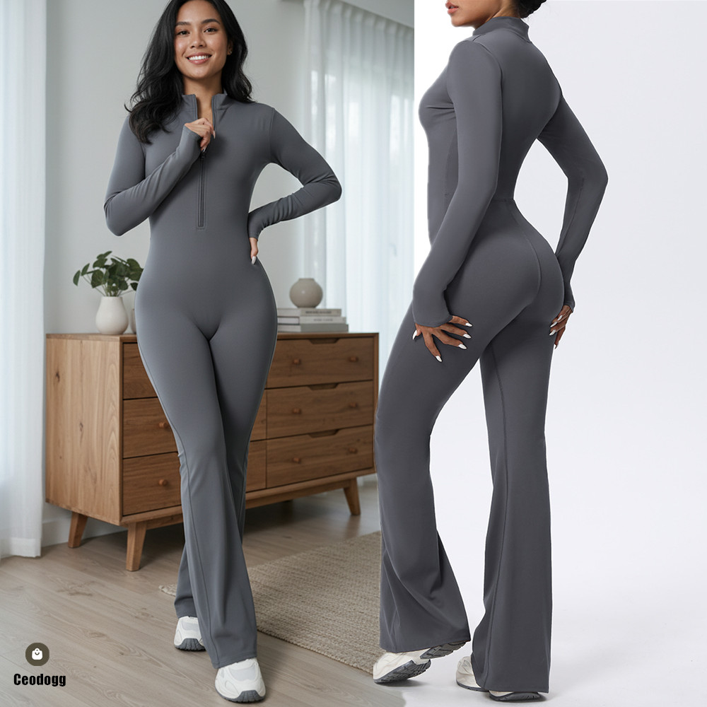 女性長袖フレアワークアウトジップアップロンパースボトムパンツワイドレッグボディスーツボディコンワンピースジャンプスーツアクティブウェア XP27
