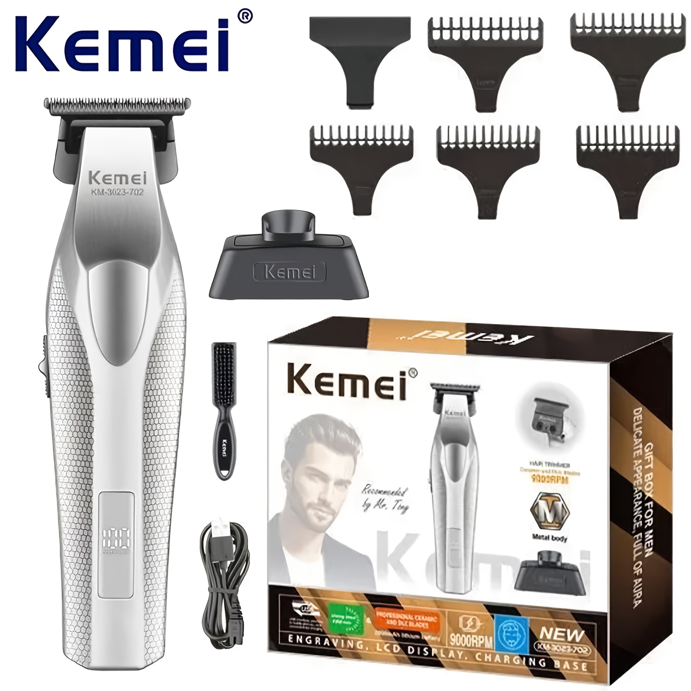 Kemei KM-3023-702 ベース付き電動彫刻はさみ高速長バッテリー寿命デジタルディスプレイヘアトリマー男性用