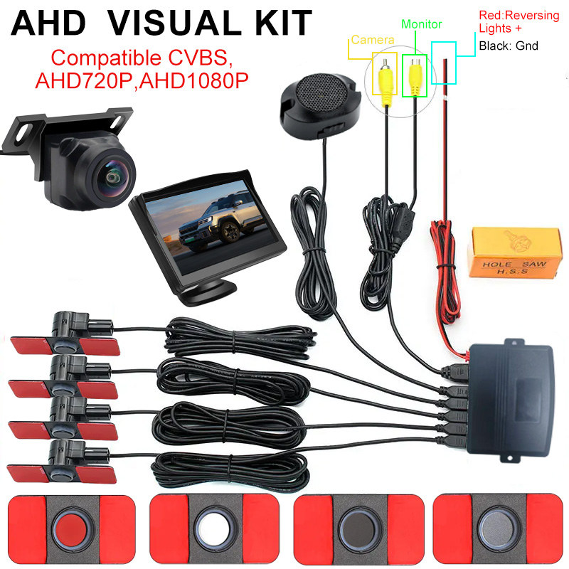 AHD/CVBS ビデオパーキングセンサーキット 16.5mm フラッシュマウントレーダーカメラ 12V ユニバーサル後退支援システム