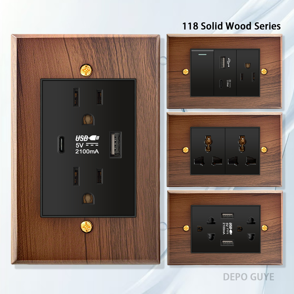 118 タイプアメリカ無垢材レトロ壁スイッチソケットメキシコタイ壁デュアル USB タイプ C 電源コンセントヴィンテージライトスイッチパネル