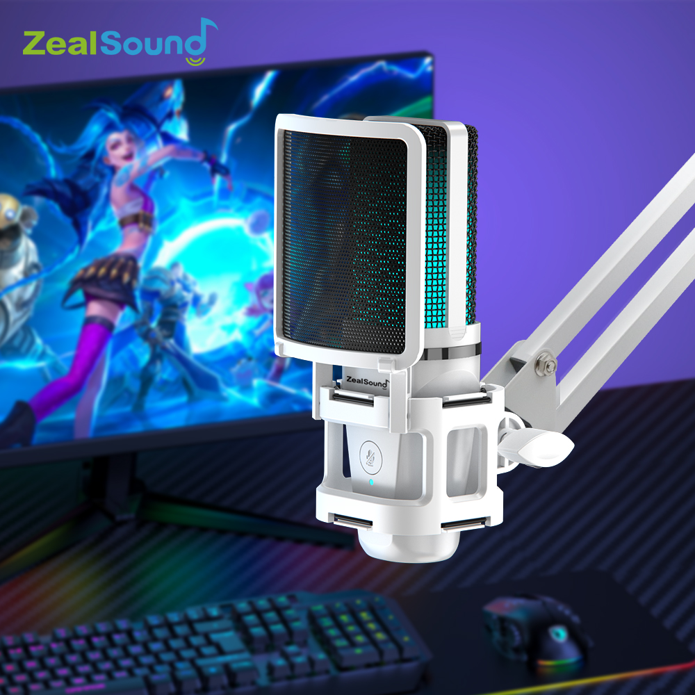 Zealsound RGB USB ゲーミングマイク多関節アーム付きホワイトコンピュータコンデンサーマイク PC Mac 録音ポッドキャスティングストリーミング用