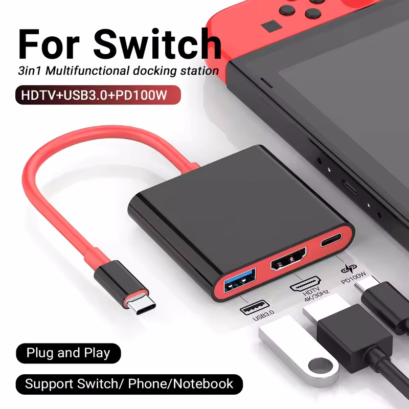3 IN 1 4k/30hz/60hz ポータブルスイッチドックステーション TYPE-C ハブ HDMI アダプター付き TV モード 100W 充電および USB 3.0 ポートをサポート