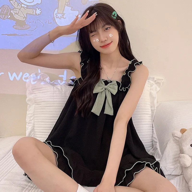 パジャマ女性夏スリングパジャマホームウェアセットノースリーブショーツシンプルなかわいい女性学生パジャマバブル綿ホームウェア