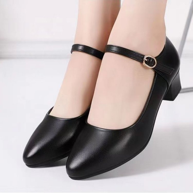 女性クラシックパンプスローブロックヒールメリージェーンの靴快適なソフト Pu レザーオフィスワークシューズ黒シングルシューズプラスサイズ