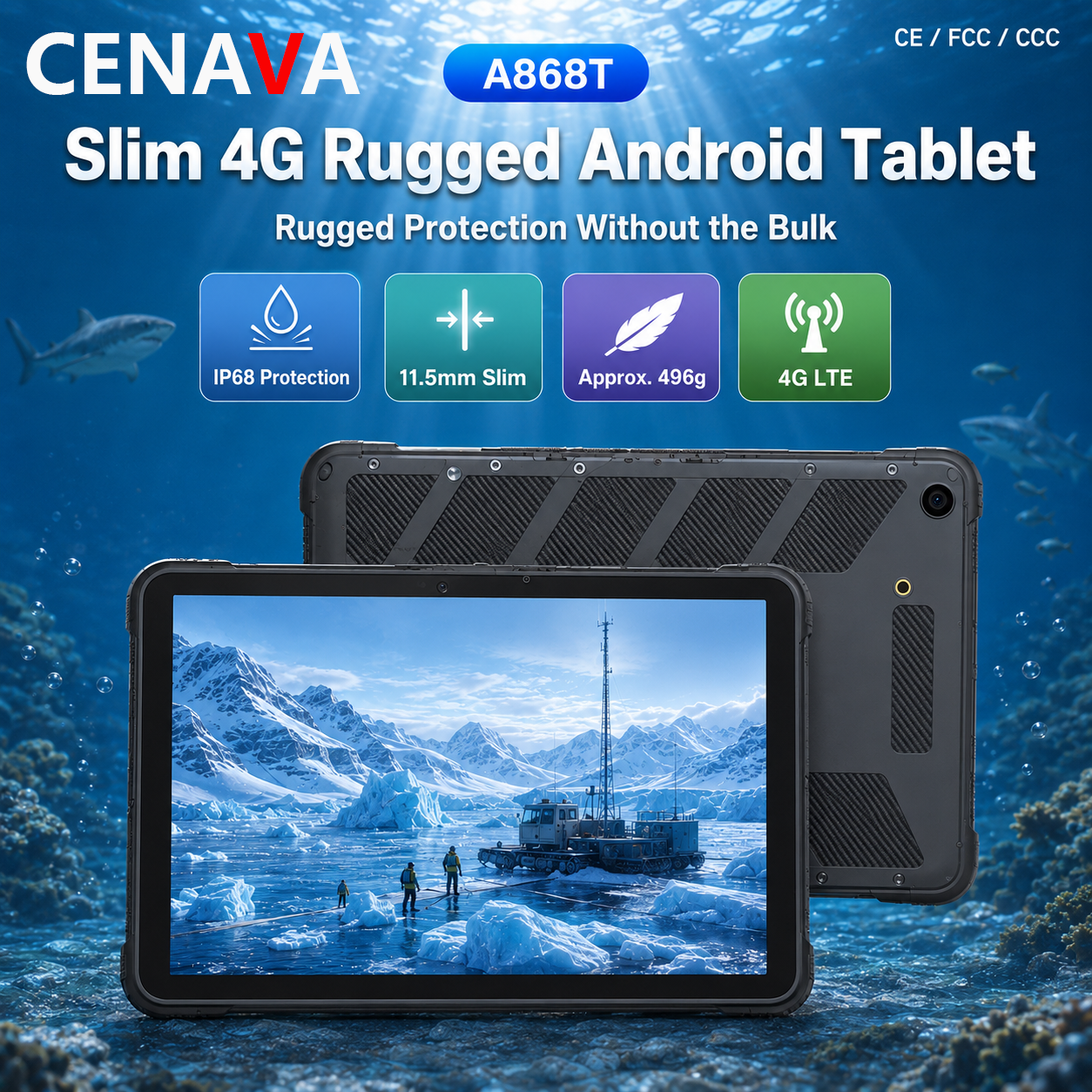 CENAVA A868T 8.68 インチ IP68 頑丈な Android タブレット 4G LTE 128GB GPS 5800mAh 産業用屋外タブレット Android 13 カスタマイズ可能な NFC