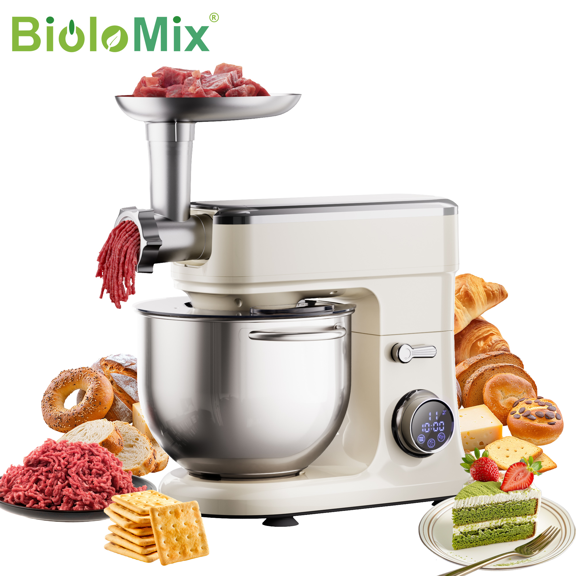 BioloMix 7L スタンドミキサー ベーキング用 1200W DC モーター 生地フック泡立て器ビーター ミートグラインダーアタッチメント付き - 食品ミキサー