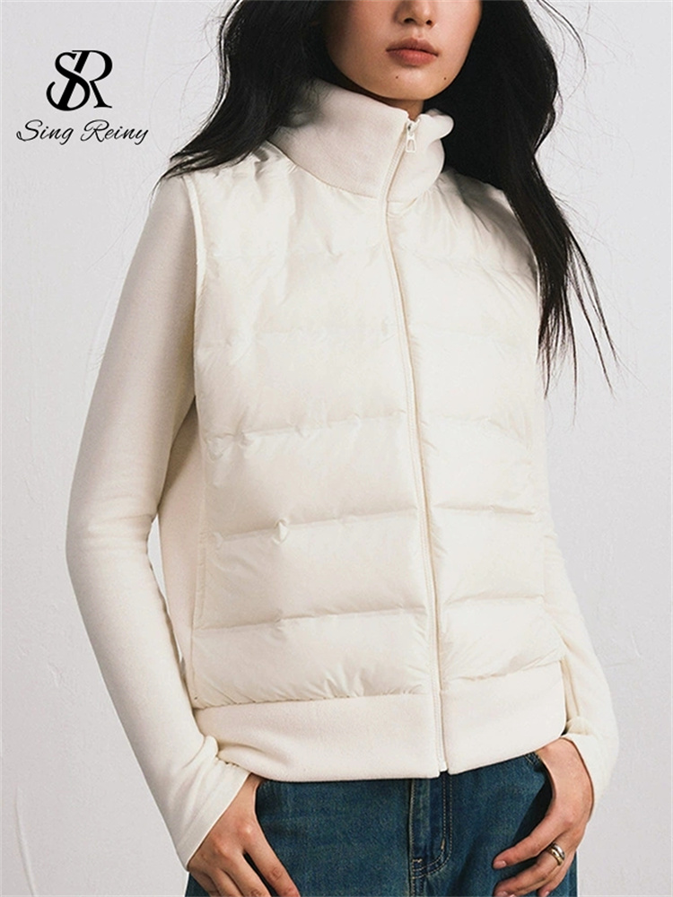 SINGREINY シンプルなダックダウンベスト秋冬韓国ジッパー軽量ファッション多用途女性フリースノースリーブコート