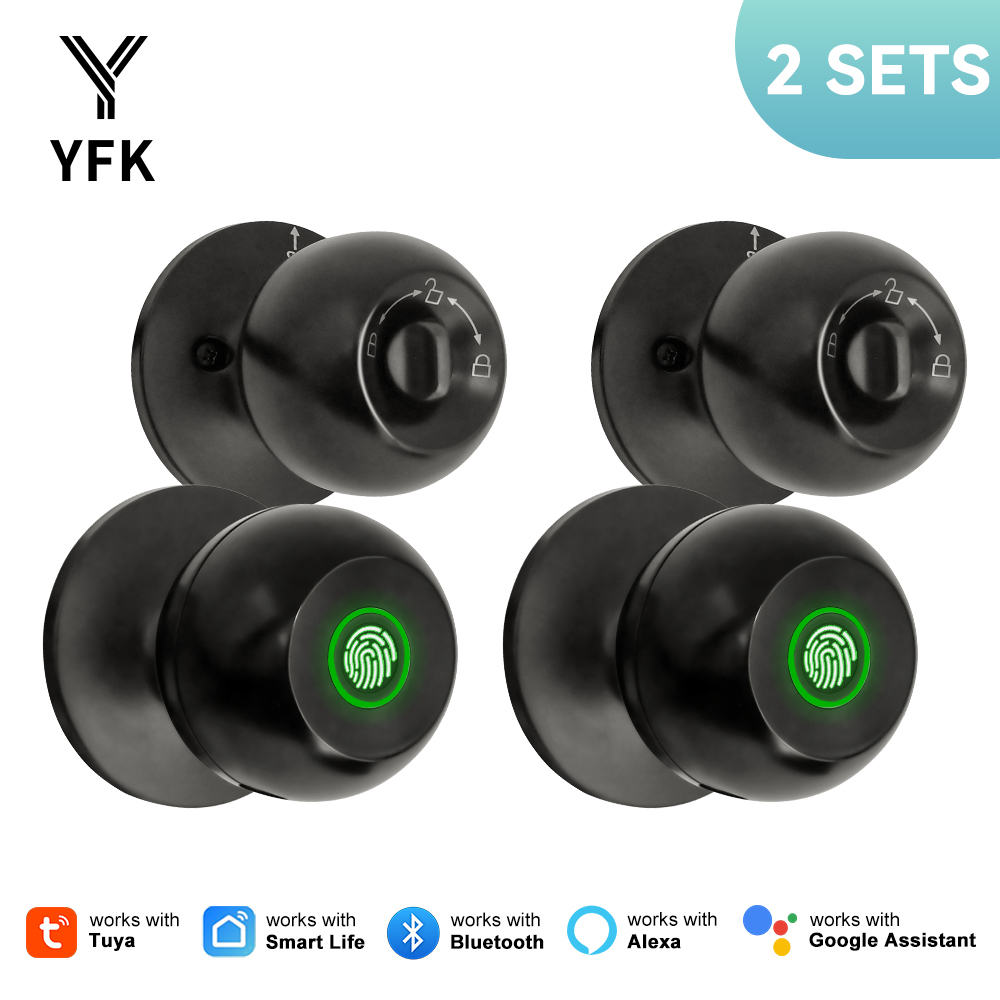 YFK TUYA スマート指紋ドアロックノブ キーレスエントリー Bluetooth 電子ドアロック Tuya SmartLife Google APP 制御パスワードキーロック解除オートロック 自宅 寝室 オフィス ホテル用
