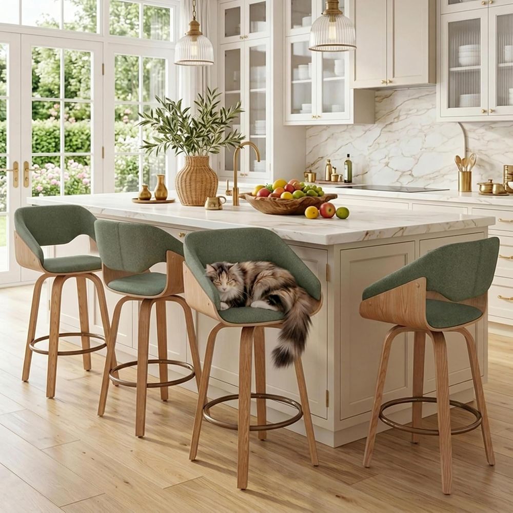 Set of 4 Green Linen Swivel Bar Stools with Back, Suitable for Kitchen Island and Home Bar