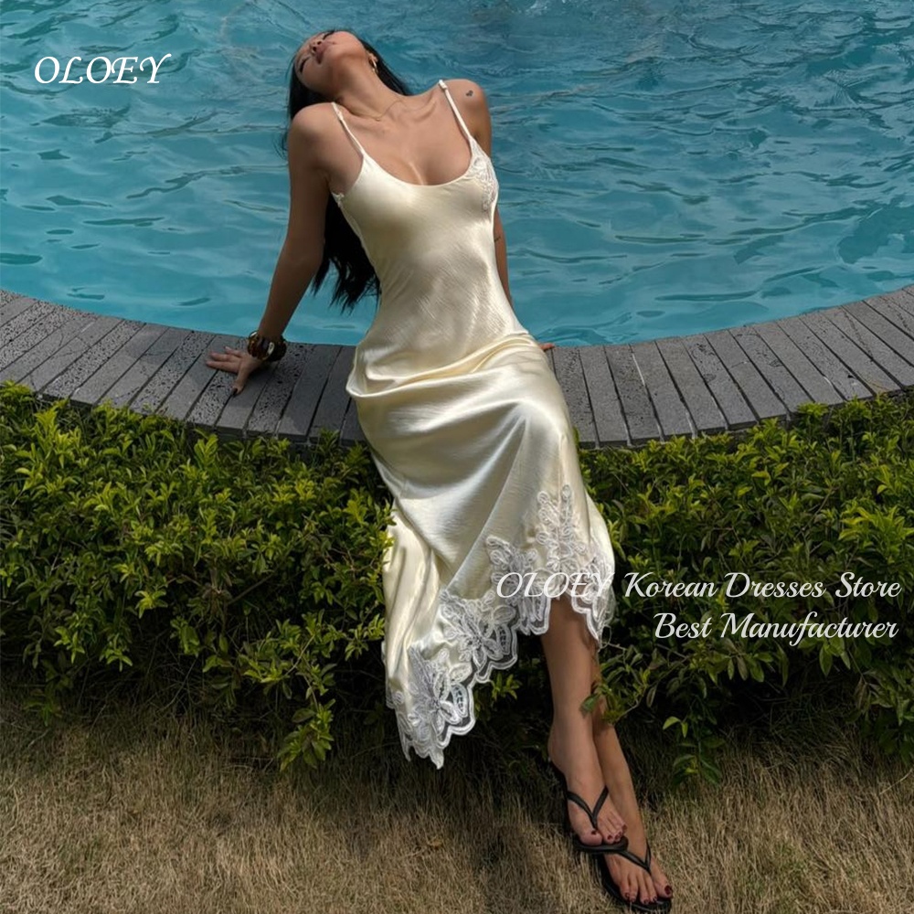OLOEY モダンアイボリーサテンイブニングドレススパゲッティストラップレースアップリケマーメイドウエディングドレス床の長さのパーティードレス Vestido デ ガラ