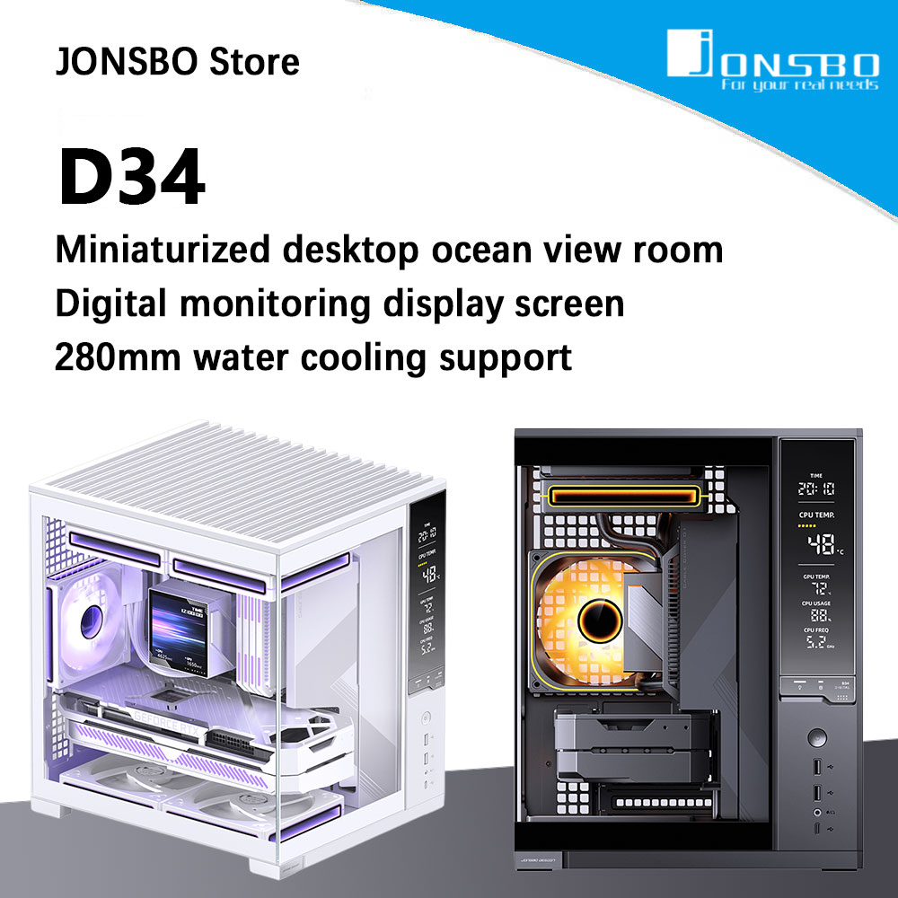 JONSBO D34 コンピュータケース 280 ラジエーターサポート ATX PS2 電源 Type-C Gen2 10Gbps デジタル モニター画面 PC シャーシ