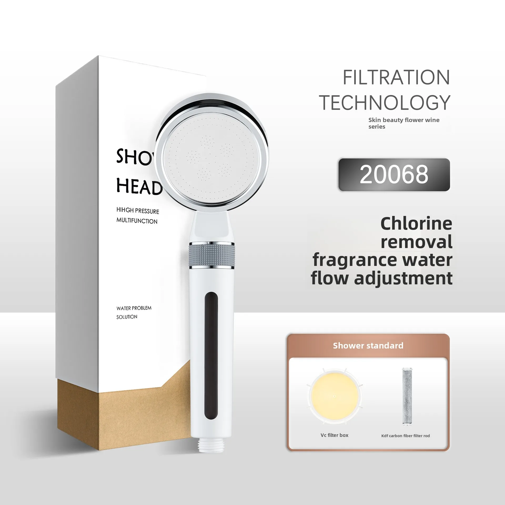 White filter pressurized showerhead, chlorine removal and skin care knob adjustment, water stop steel surface showerhead