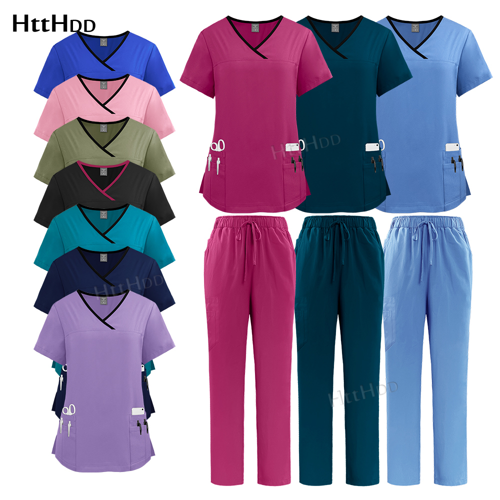 ドクター作業服新ファッション看護スクラブ通気性無地獣医制服医療アクセサリー薬局美容スクラブ