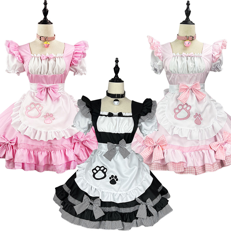 S-5XL 黒ピンクかわいいロリータセクシーな猫メイド衣装エプロンドレスベルチョーカーアニメコスプレ衣装女性コーヒーウェイトレス制服