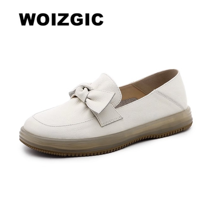 WOIZGIC 女性母レディース女性の本革フラットローファー靴プラットフォームスリップオンちょう結び加硫靴 Mujer Zapatos