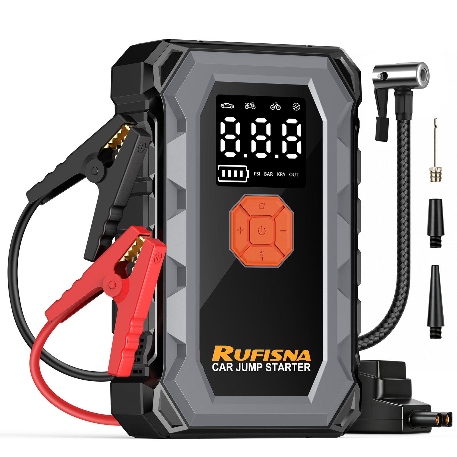 RUFISNA 車用ジャンプスターター 3000A ピーク 12V ポータブル、150PSI エアコンプレッサー タイヤインフレーター、オールインワン緊急バッテリー充電器パワーバンク、LED 懐中電灯、USB 出力、ガス大排気量用高耐久ブースター