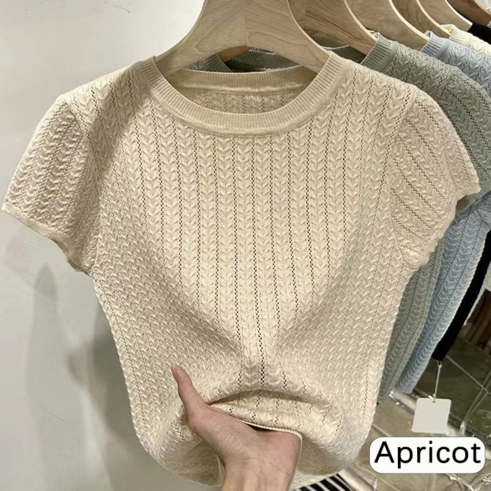 ファッションツイストステッチニット Tシャツ中空スリムフィットクロップトップアイスシルクサマートップ
