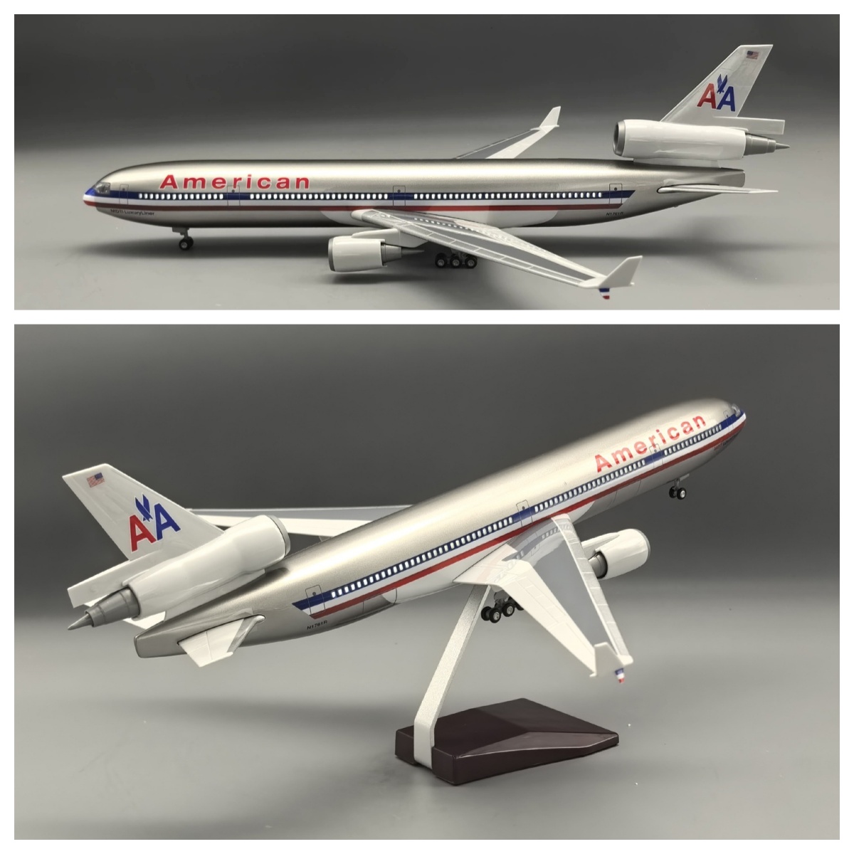 1:130 スケール飛行機モデルアメリカ MD-11 おもちゃの飛行機 47 センチメートル樹脂飛行機モデルキットライトと木製ベース収集ギフト