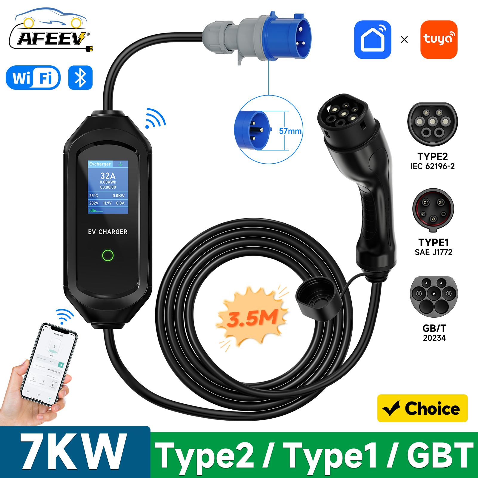 AFEEV 7KW ポータブル EV 充電器 Type2/Type1/GBT 電気自動車充電器 32A 1 相急速充電ケーブル WiFi APP Bluetooth 制御