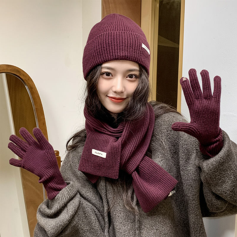ソリッドカラーのニットウール帽子、スカーフ、手袋セット - 秋/冬フェイクカシミアレッド暖かい新年クリスマスセット
