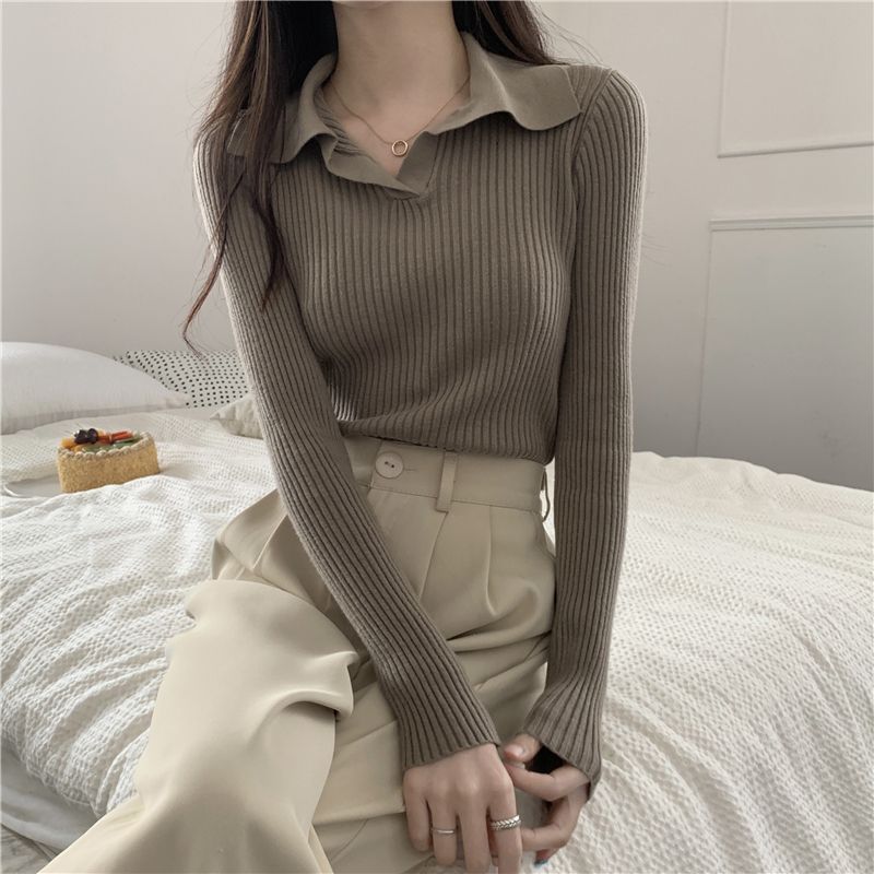 秋冬女性ラペルプルオーバーセーター基本長袖ニットセーター女性のための無地ジャージトップス服 Mujer