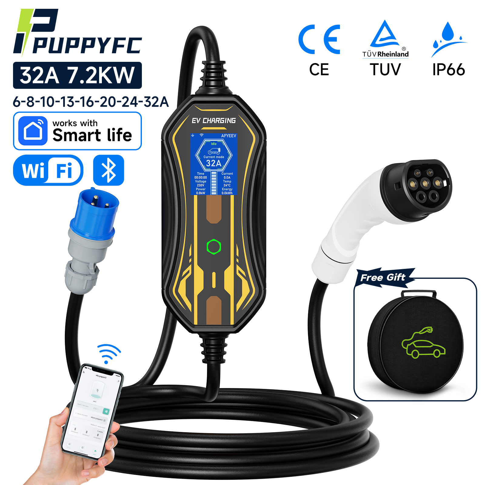 Puppyfc 7KW 32A 1 相ポータブル EV 充電器 Type2 電気自動車充電器 Type1/GBT 防水 EVSE 急速充電 WiFi APP 制御