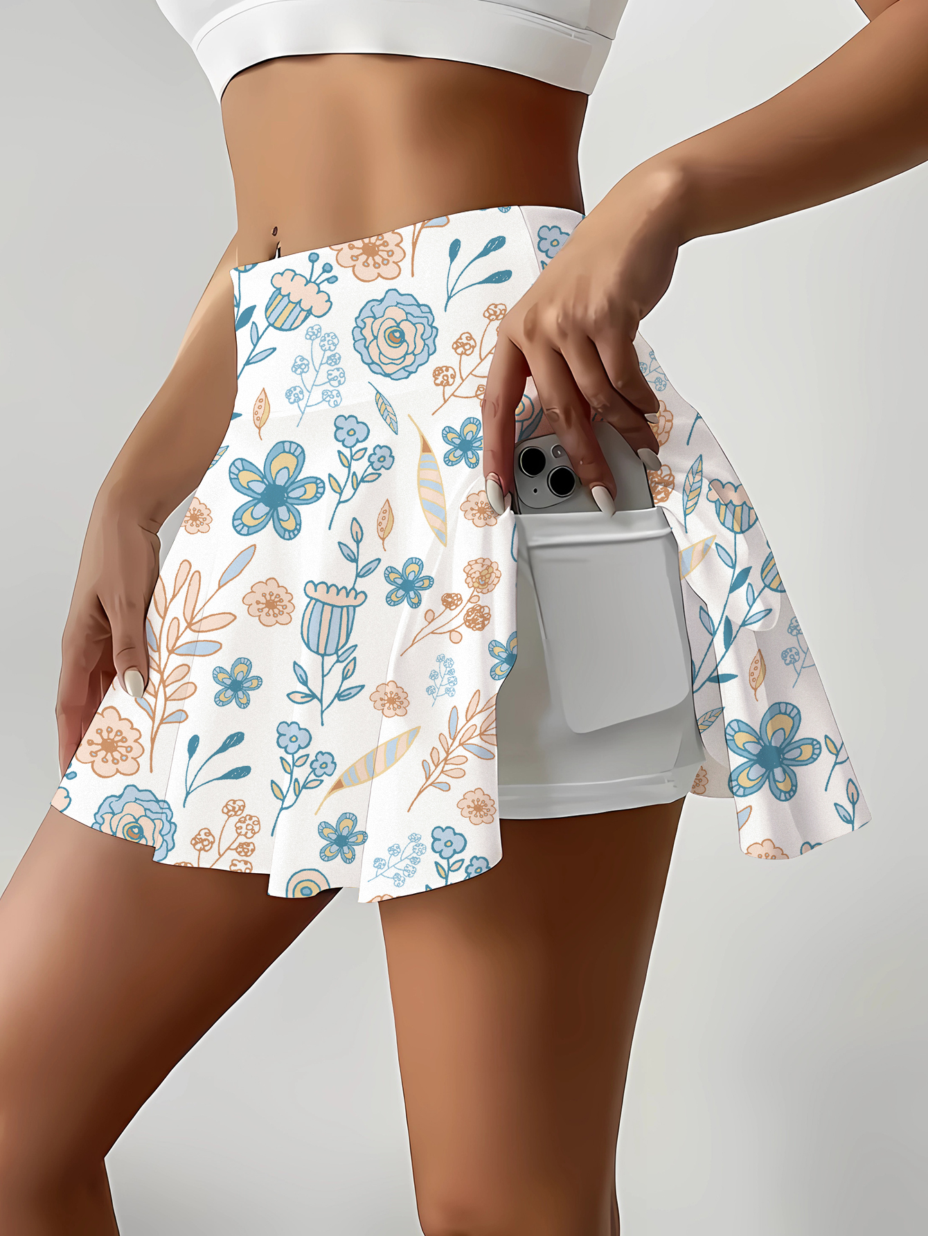 女性の花柄ミニスカート ショートパンツ付き ウエストゴム サマーニット生地 遊び心のある柄 ホワイト ポリエステル スカート ポケット付き