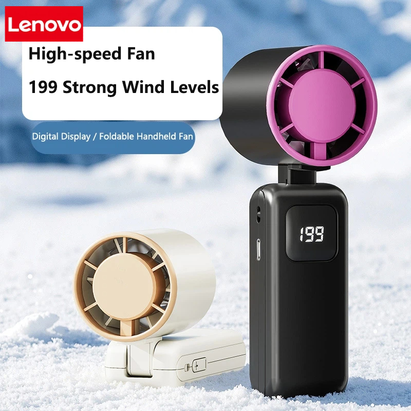 Lenovo ハンドヘルドターボファン折りたたみデザイン 1-199 スピード風力 4000mAh 充電式デジタルディスプレイ Protable ポケットファン屋外用
