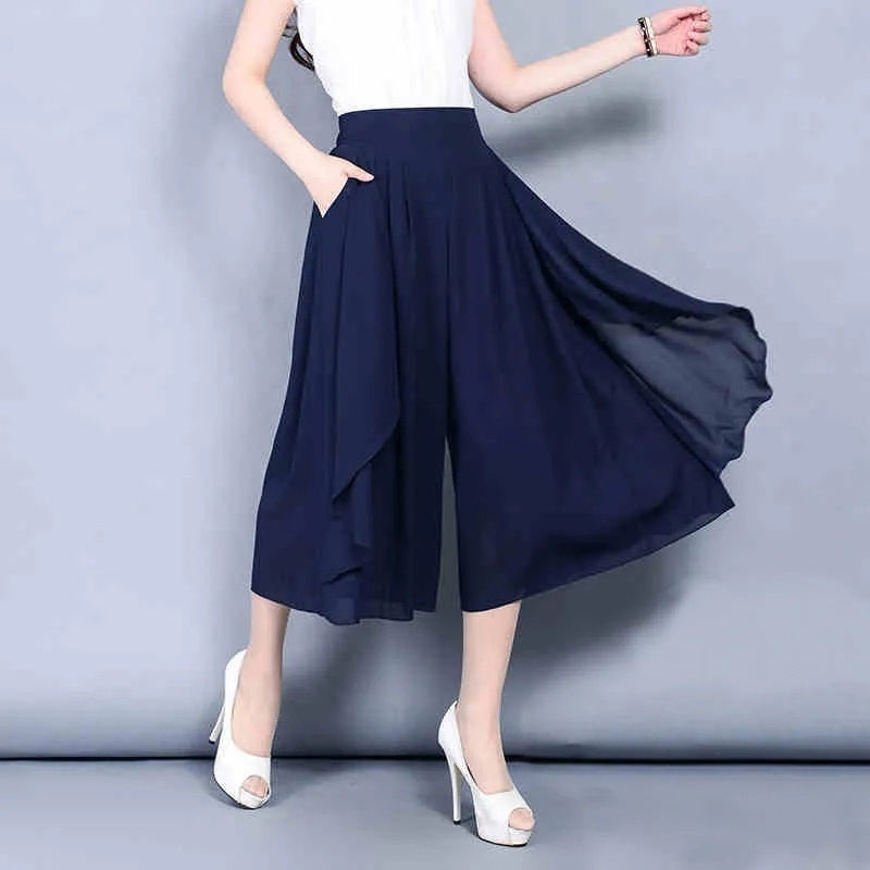 女性シフォンワイドレッグパンツ春夏薄型弾性ウエストルーズオールマッチレディふくらはぎ丈パンツファッションスカートパンツ 4XL