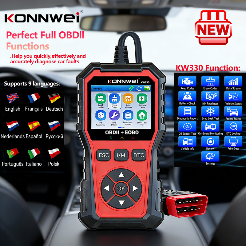 2026 KONNWEI KW330 車 OBD2 診断ツールフル機能故障コードクリアリーダー車両監視センサーテスト I/M 準備