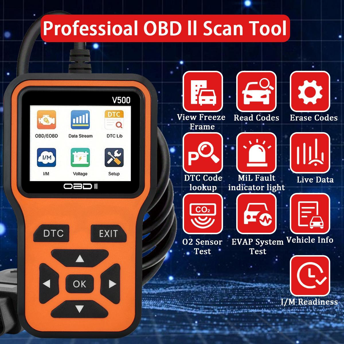 車OBD2スキャナー診断ツールコードリーダー、車電圧テスターエンジン故障コードスキャナー、充電テスター診断ツールV500