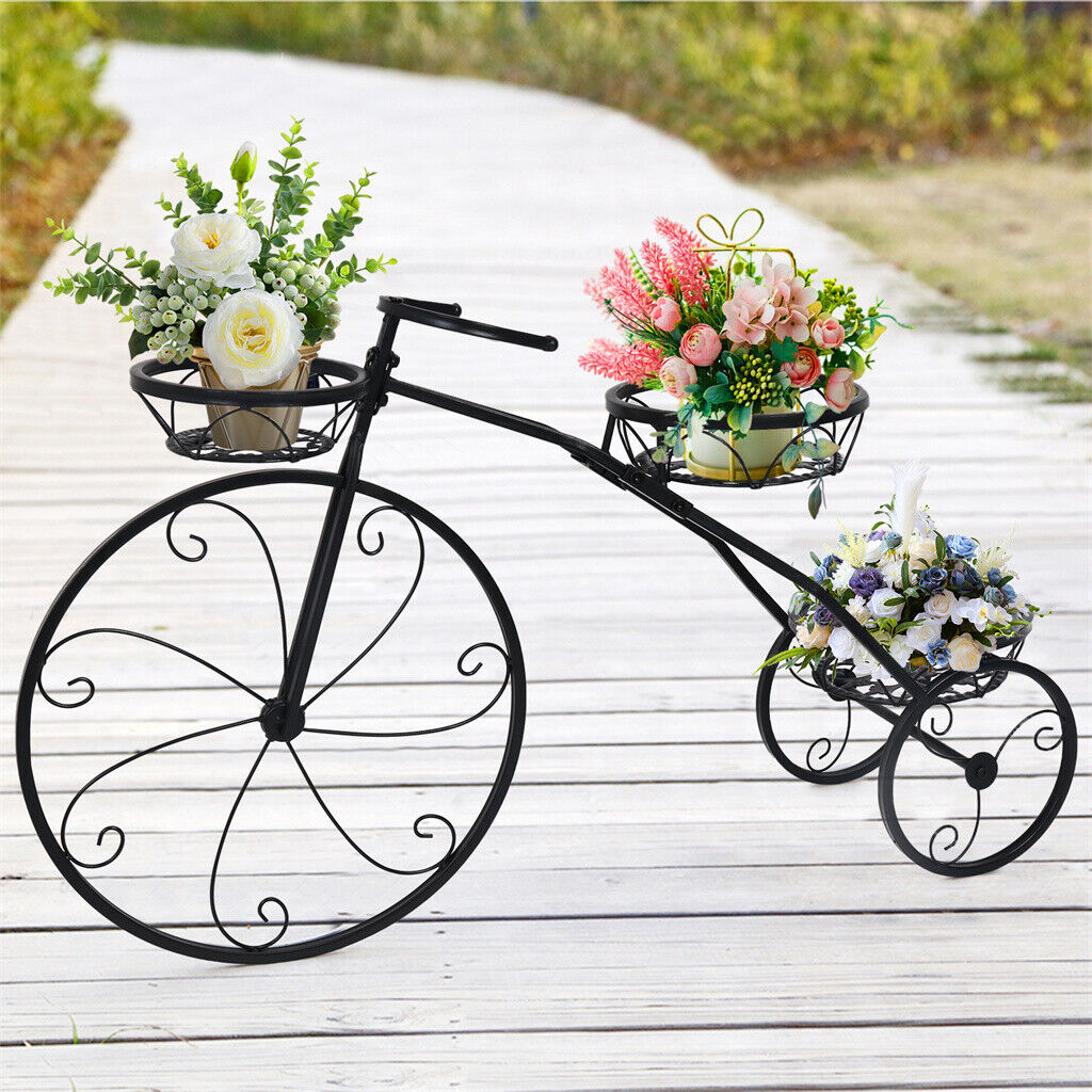3段自転車型金属製植物スタンド植木鉢ホルダー家庭菜園パティオオーガナイザーラック用