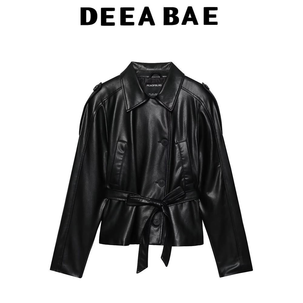DEEABAE 秋の新女性の蝶ネクタイベルトパッドショルダー PU 模造革フリップオーバー長袖ショートウィンドジャケット