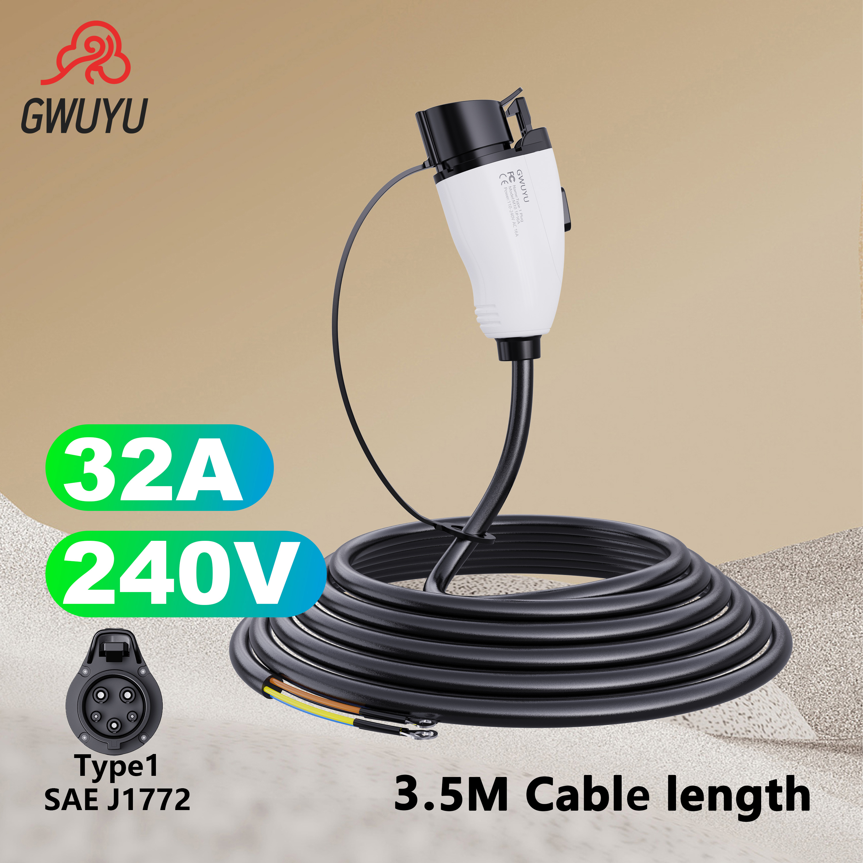 GWUYU M10 EV 充電延長ケーブル 5 メートルの長さ SAE タイプ 1 プラグ 3.5KW 7KW 16A 32A 240V すべての SAE J1772 充電器に対応