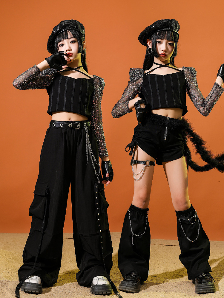 女の子ストリートダンス服スパンコールクリアスリーブクロップトップカーゴパンツ黒ショートチアリーディング衣装kpopヒップホップステージ衣装