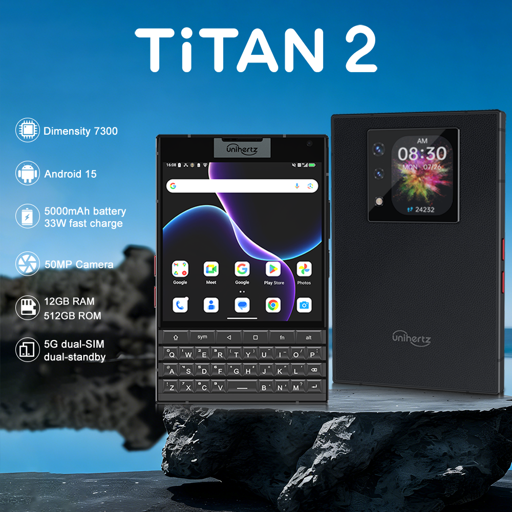 Unihertz Titan 2 スマートフォン 5G Android 15 物理キーボード付き デュアルスクリーン 12GB 512GB 寸法 7300 デュアル SIM 50MP カメラ