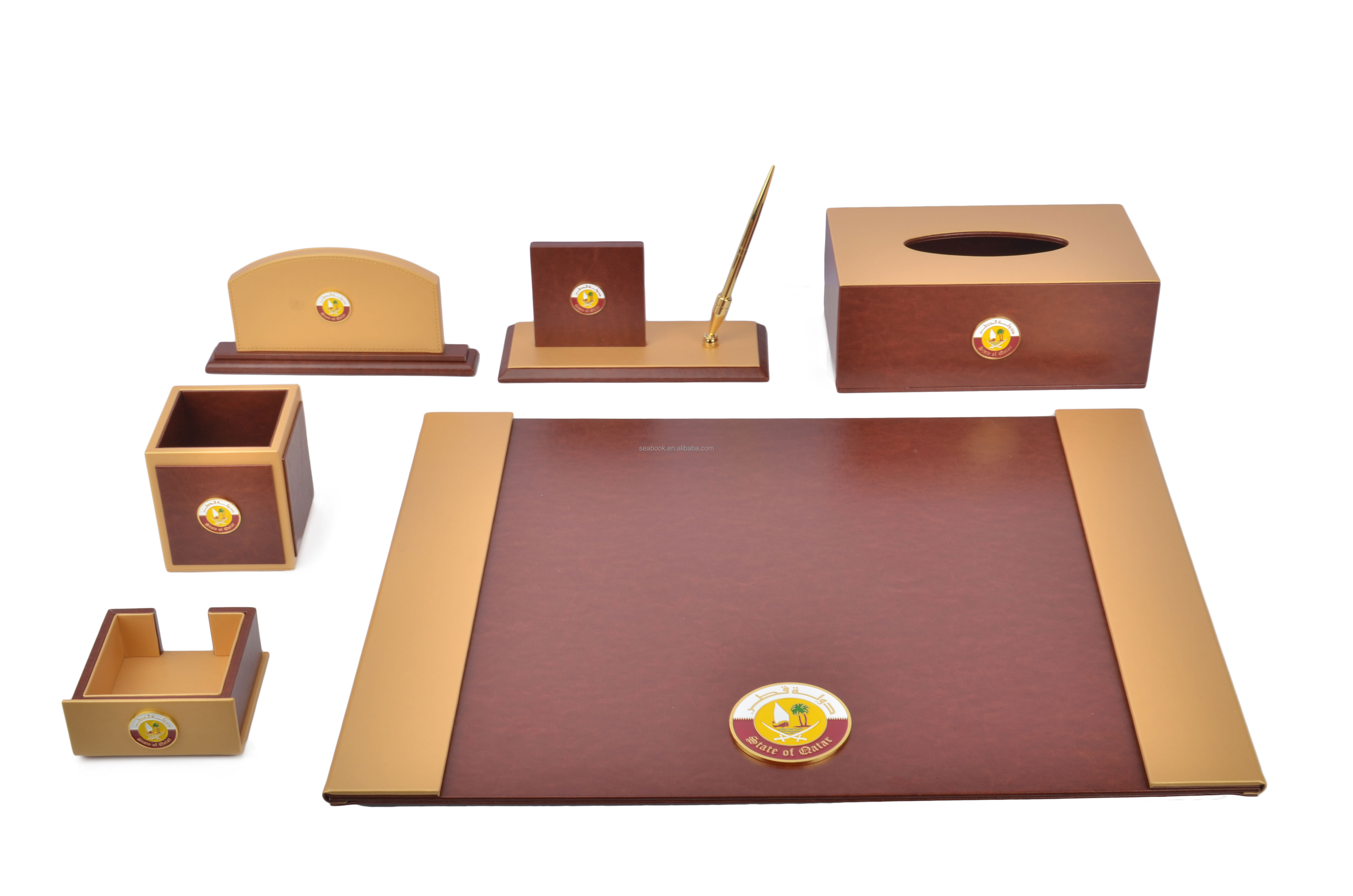 Qatar Government Executive Brown and Gold Leather 6 Piece Desk Stationery Organizer Set Luxury Office Desktop Accessory Set