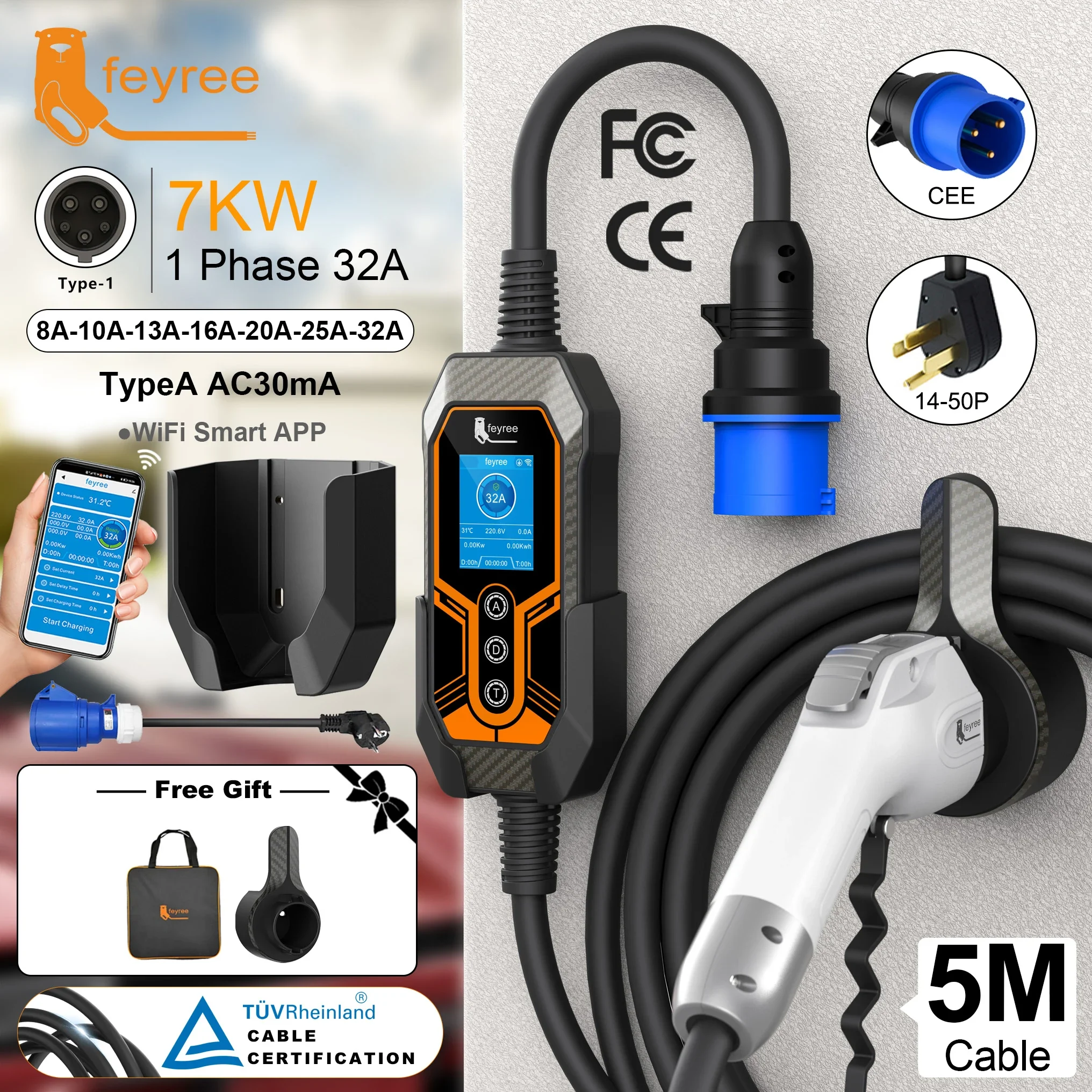 Feyree Type1 プラグ J1772 32A 7KW 1P ポータブル EV 充電器、ウォールマウント APP Ctrl EVSE ポータブル充電ボックス付き電気自動車用