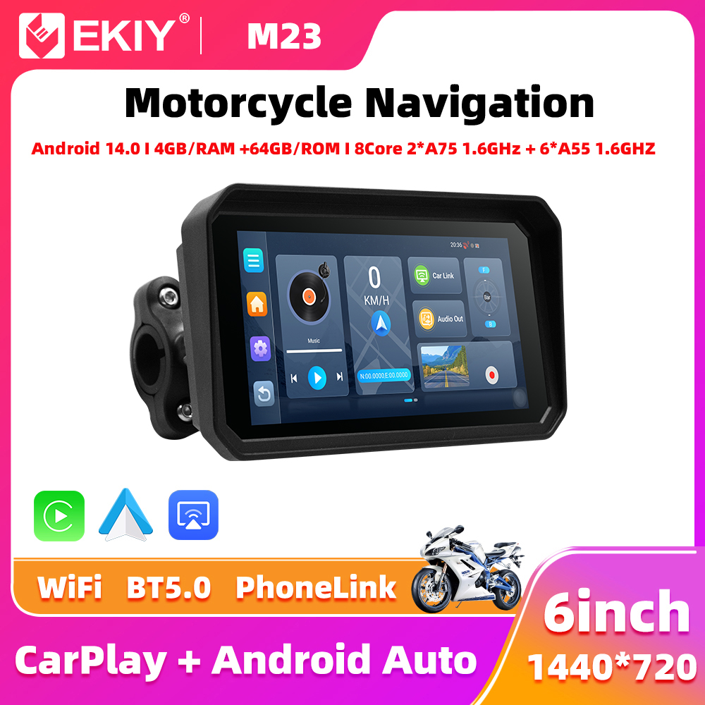 EKIY 6" Wireless CarPlay Moto Android Auto Android 14.0 Portable Digital Motorcycle Dashboard GPS Motorcycle Navigation Screen