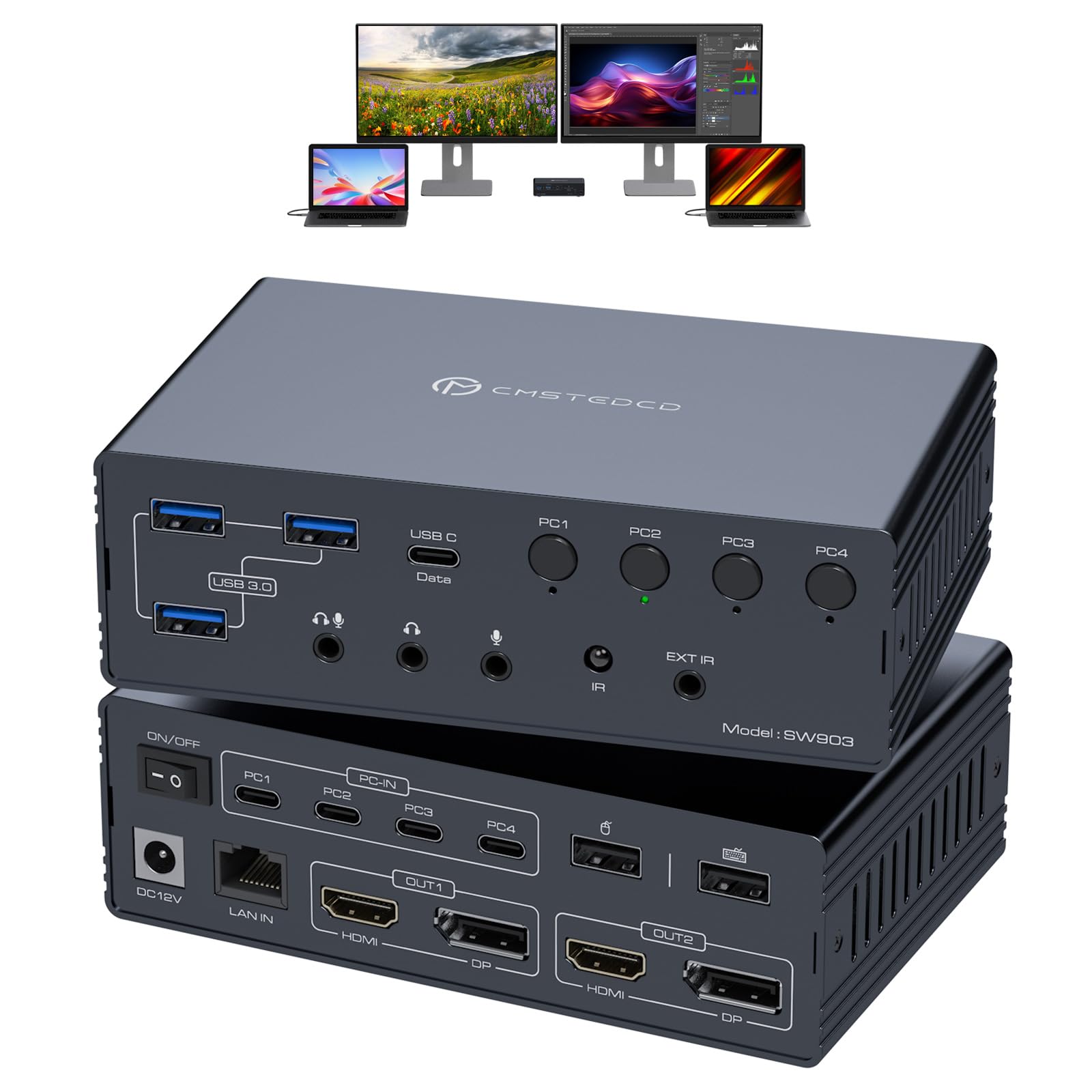 2025 KVM スイッチ 2 モニター 4/3/2 PC ドッキングステーション 4K60Hz Thunderbolt KVM with Displaylink サポート USB3.0/USB C in DP/HDMI Out