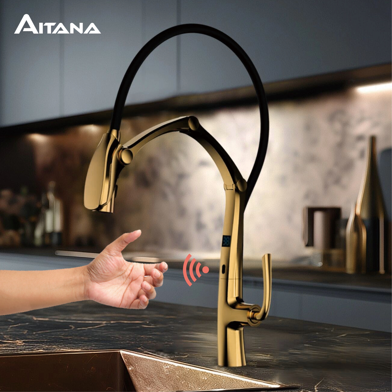 AITANA ガングレー高級真鍮 LED ディスプレイキッチン蛇口、タッチレスセンサー、引き出し式 3 機能スプレー節水シンクミキサー