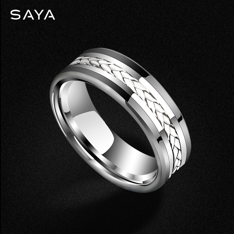 男性用パーソナライズリング インレイ編組 925 シルバー タングステンカーバイド ジュエリー 豪華な結婚指輪カスタム彫刻