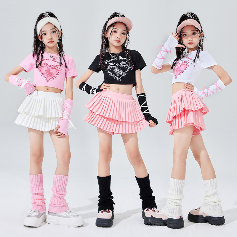 女の子の夏のストリートセットファッションヒップホップクロップトップオーバースリーブティアードスカート服グループストリートダンスジャズダンス衣装