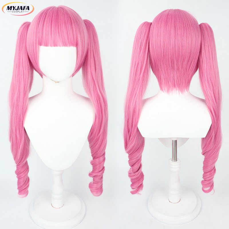 高品質ペローナコスプレウィッグアニメロングピンクカールポニーテール耐熱人工毛コスプレウィッグかつらキャップ