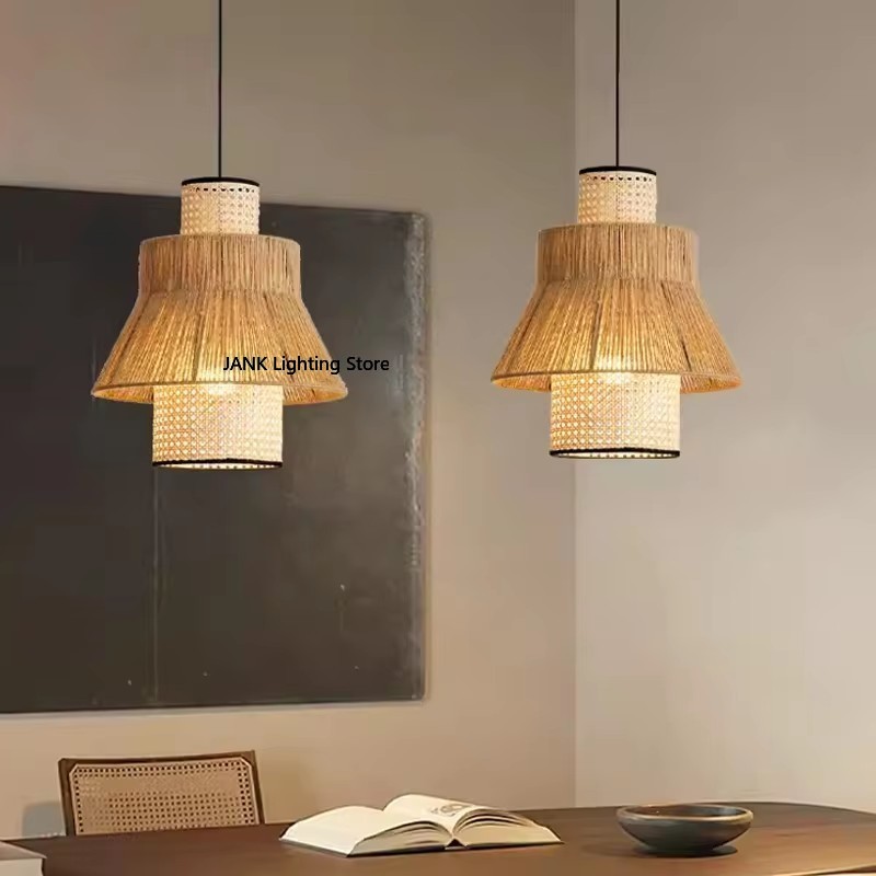 侘び寂び籐ペンダントライトヴィンテージ麻ロープランプリビングルームレストラン吊り照明器具電球を含む